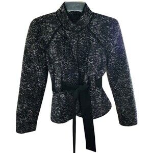 Sandro Petite Belted Marled Tweed Jacket Peplum Waist Women's Petite Small‎